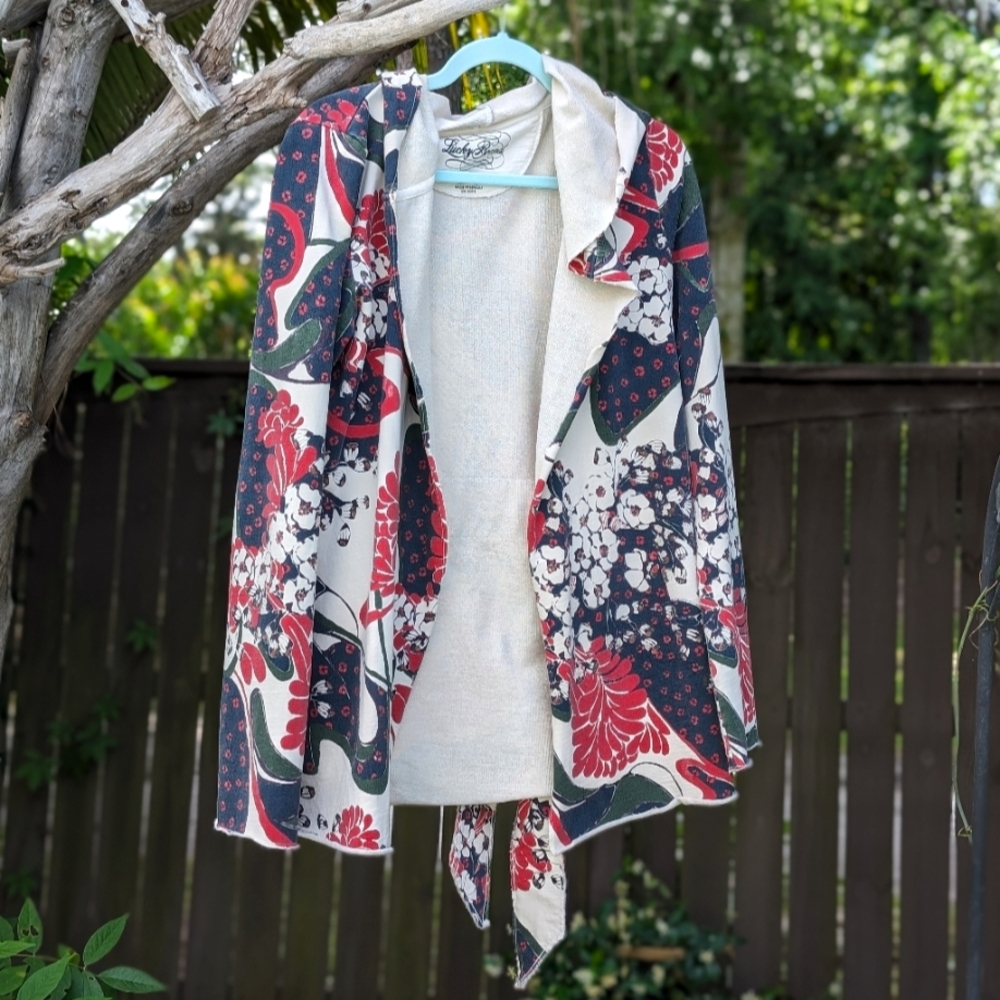 LUCKY BRAND - Jacket Wrap Kimono Hoodie Jingo Floral Red Green Cardigan